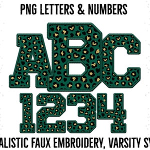 May include: Green and gold faux embroidery letters and numbers in a varsity style with a leopard print pattern. The letters are A, B, and C. The numbers are 1, 2, 3, and 4.