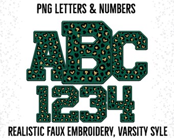 Green Leopard Faux Embroidery Jersey Font: College Sport PNG (Digital Download)