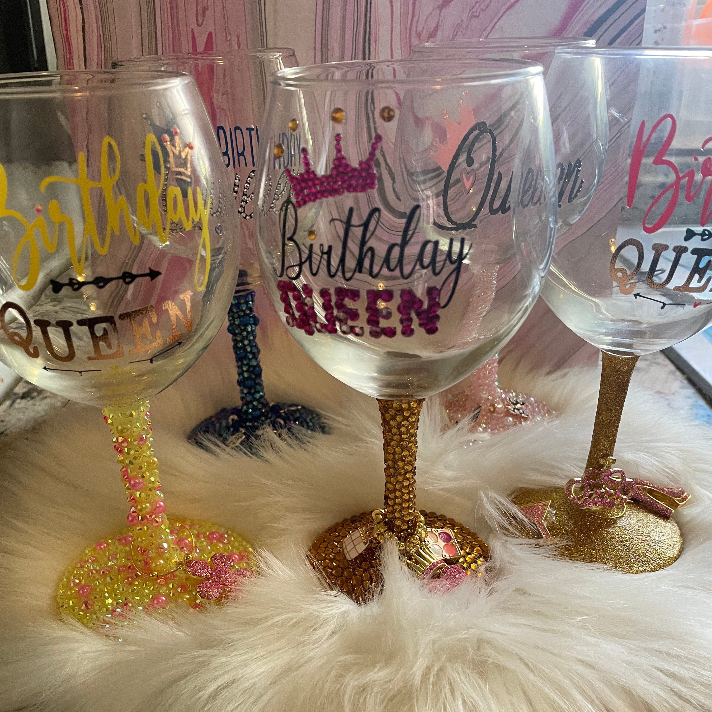 Diva white glitter wine glass & Boss LADY PINK/ GRAY SWIRL WINE