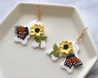 Butterfly Earrings | Sunflower Earrings | Floral Clay Earring | Monarch Butterfly Earrings | Clay Earring | Butterfly Sunflower Earrings