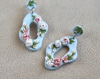 Floral Bouquet Dangles | Floral Clay Earrings | Pink Rose Clay Earring | Statement Earrings | Clay Earrings | Spring Earrings
