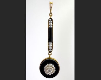 Victorian Diamond Seed Pearl Onyx 14K Yellow Gold Drop Pendant