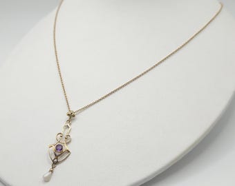 10k Gold Vintage Art Deco Amethyst Lavalier Necklace