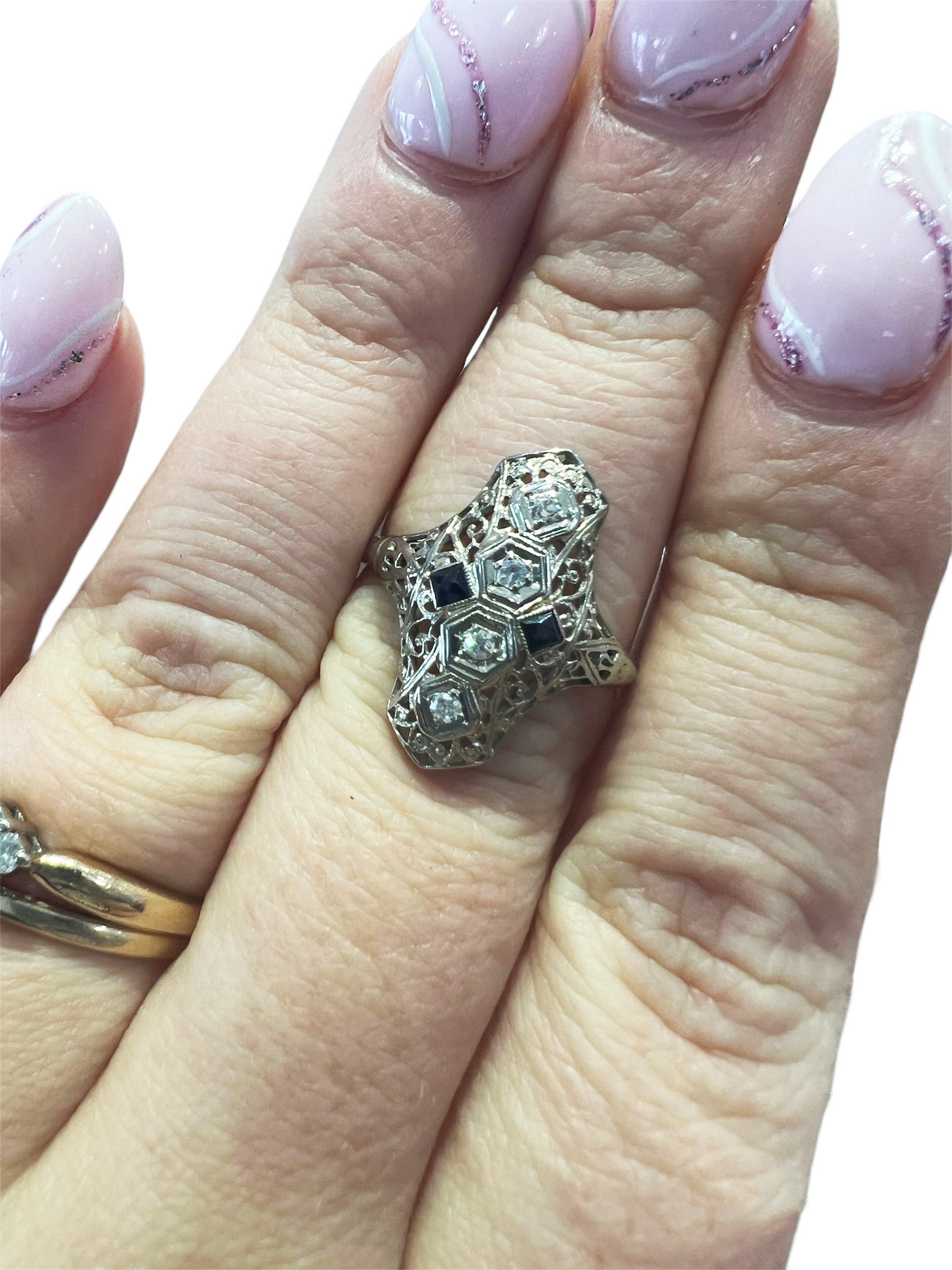 Art Deco Engagement Ring Diamond Sapphire 14K White Gold Antique