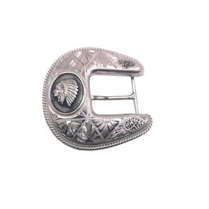 Vintage Sterling Silver Western Belt Buckle – Etched Indian Chief & Southwestern Motif