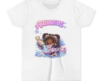 Aquarius Zodiac Girl T-shirt | Celestial Water Bearer Kids Tee, Astrological Birthday Gift
