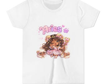 Aries Zodiac Girl Tee | Watercolor Illustration, Celestial Accents, Youth Cotton Shirt