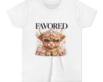 Favored Cow Illustration Youth Tee | Floral Sunglasses Calf Shirt
