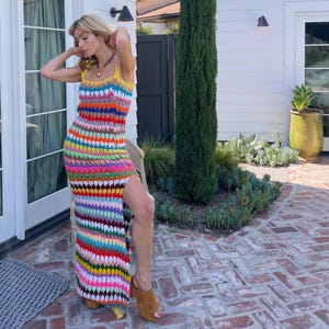 70s Vintage Rainbow Crochet Maxi | Handmade Candy Stripe Knit Column Dress VTG