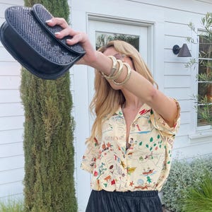 90s Vintage 7 by Todd Oldham Silk Novelty Map of America Button Down | Resort Style Blouse Rare VTG