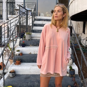 90s Vintage Sonia Rykiel Winter Women Pink Velvet Sweatshirt | Velour Pullover VTG