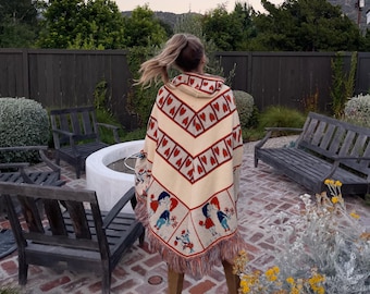 70s Vintage Sabra Novelty Cottage Core Instarsia Fringe Poncho VTG