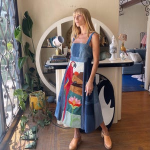 70s Vintage Denim Patchwork Midi Dress | Art to Wear Hand-Stitched Parrot Design VTG