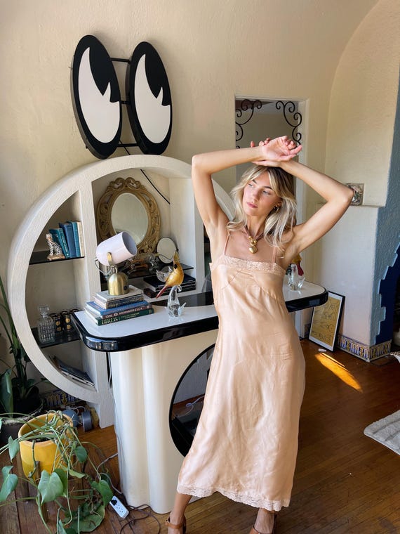 30s Vintage Peach Silk Lace Trim Slip Dress | Antique Boho Bridal Lingerie VTG