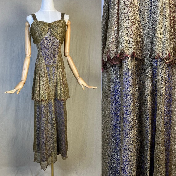 Rare 1930s Gold Lamé Lace Evening Gown - image 1