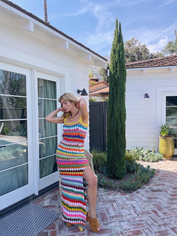 70s Vintage Rainbow Crochet Maxi | Handmade Candy Stripe Knit Column Dress Vtg