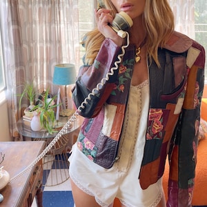 70s Vintage Gandolf the Wizard Detroit Patchwork Leather Jacket | Rare Collectable Cropped Floral Boho VTG