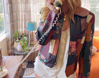 70s Vintage Gandalf the Wizard Detroit Patchwork Leather Jacket | Rare Collectable Cropped Floral Boho VTG