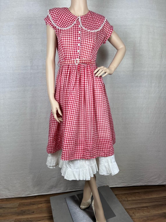 1950s Gingham Red & White Dress 28 W