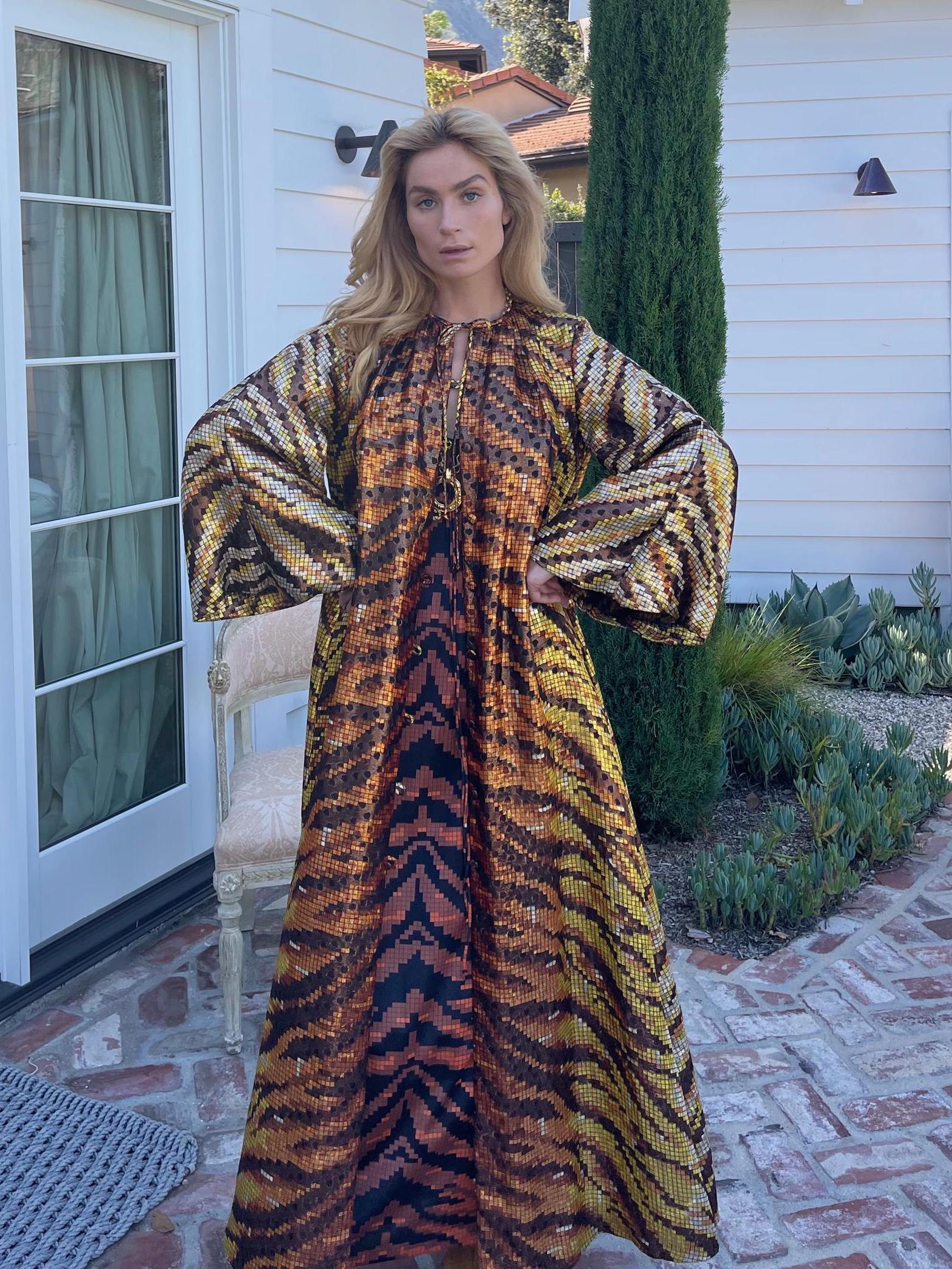 70s Vintage DONALD BROOKS Duster Caftan | Metallic Tiger Pop-Art Lounge Slip Kaftan Set VGT