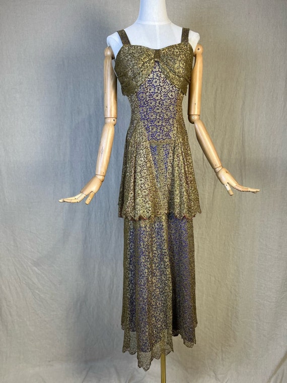 Rare 1930s Gold Lamé Lace Evening Gown - image 2