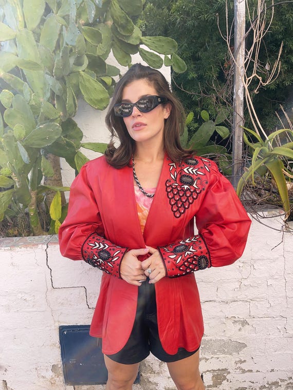 80s Vintage Red Beaded Leather Jacket | Embroidered Glam Rock
