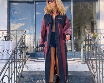 90s Vintage GET NAME USED by Elie Denim Coat | Distressed Maxi Trench