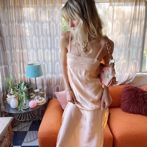 vintage boho style bridal peach silk dress maxi slip lingerie up close view