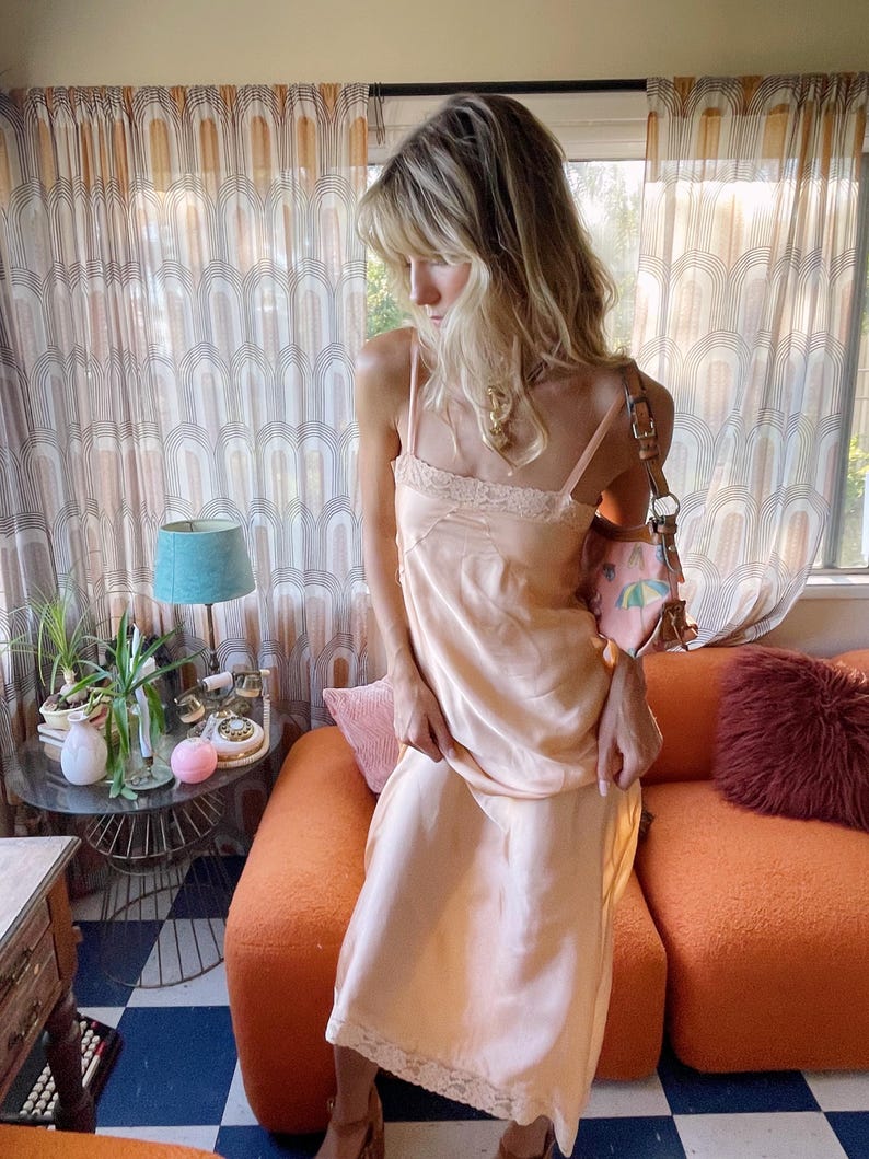 vintage boho style bridal peach silk dress maxi slip lingerie up close view