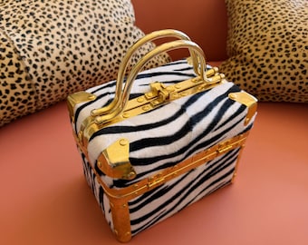 60s Vintage Comeco Zebra Print Train Case Box Purse