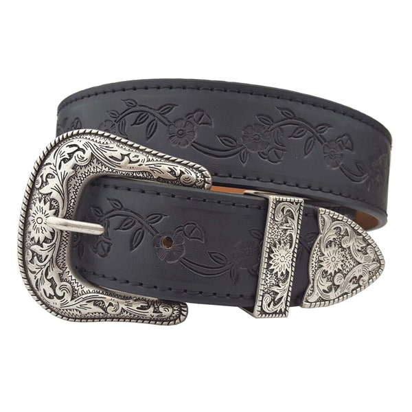 Floral Tooled Belt with Western Vintage Silver Buckle Set