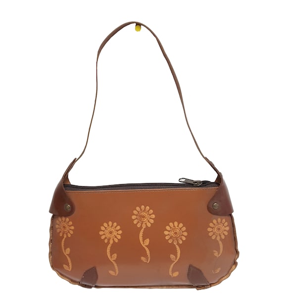 Genuine Leather Shoulder Handbag w. Floral Design