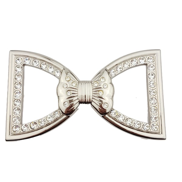 Shiny Silver Crystal Bow Tie Belt Buckle