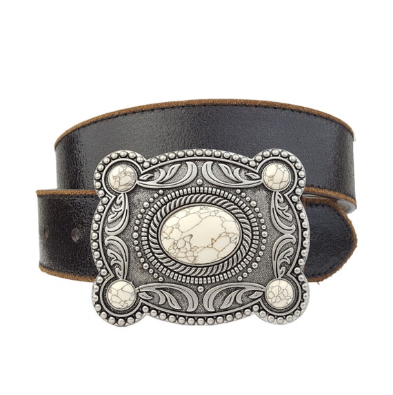 Western Stone Buckle W. Vintage Leather Belt - Etsy