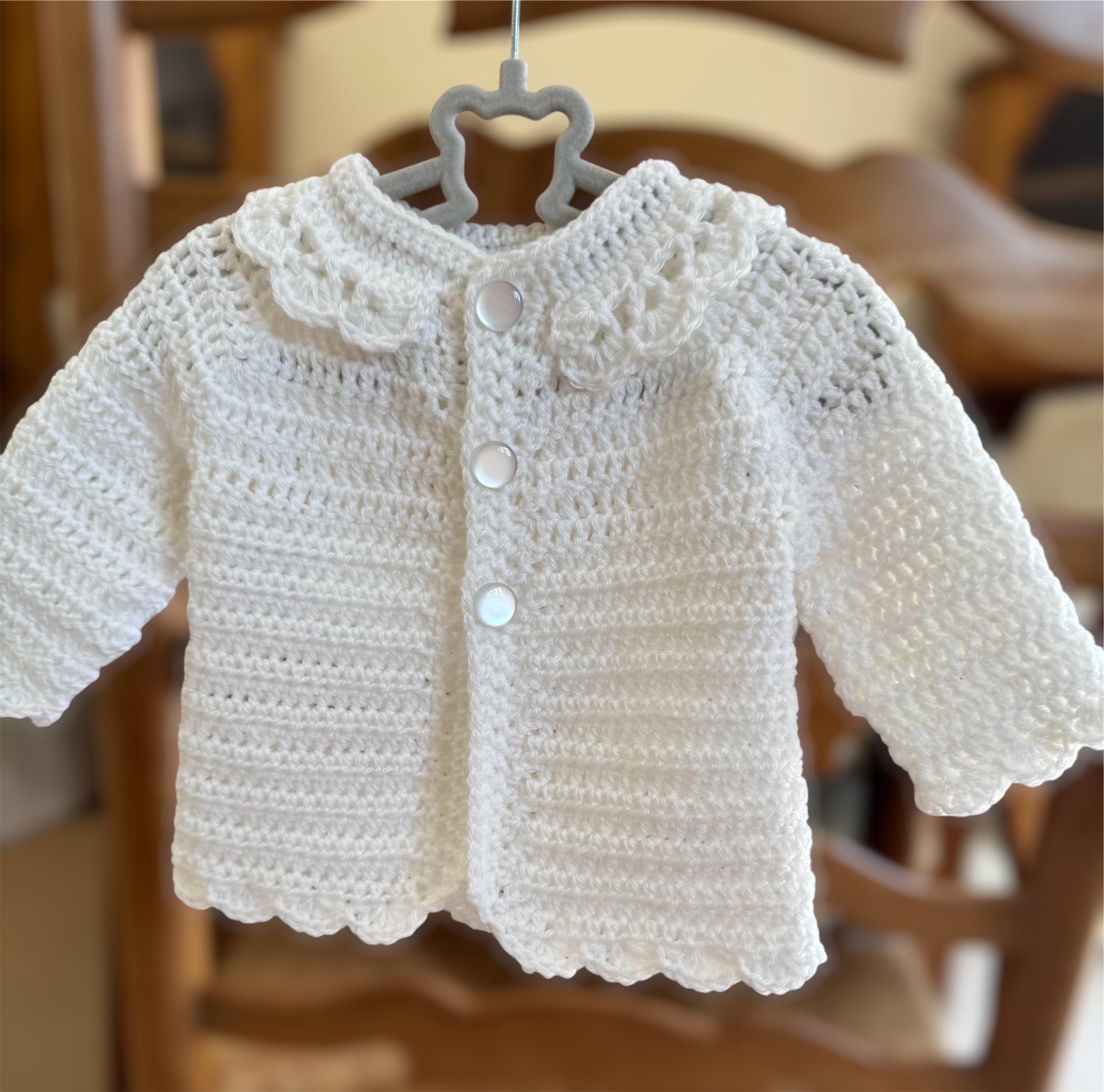 Handmade Crochet Baby Cardigan: White Lace Collar Sweater