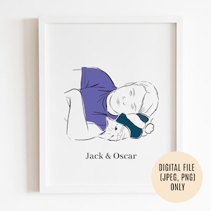 Custom Hand Drawn Pet, Gift for Parents, Cat Portrait Custom Painting from Photo, Pet Digital Portrait, Personalized Cat Line Portrait