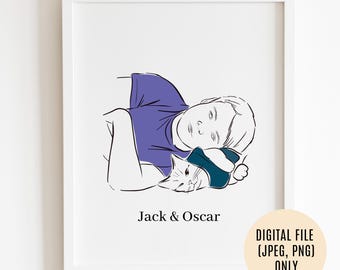 May include: Line drawing illustration of a person and a cat. The person is wearing a purple shirt and has their arm around the cat. The text "Jack & Oscar" is below the image.