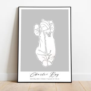 Póster de nacimiento a partir de tu foto, Impresión personalizada de estadísticas de nacimiento de bebé, Arte lineal minimalista personalizado, Impresión del nombre del bebé, Arte lineal para padres y bebé