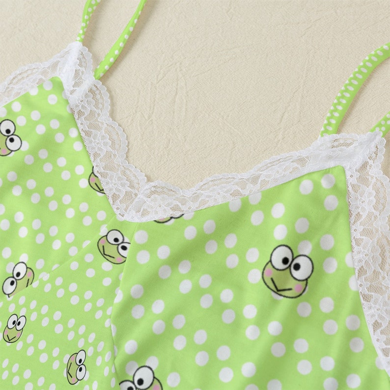 Kawaii Frog Pajama Set: Lime Green Lace Camisole & Shorts image 4