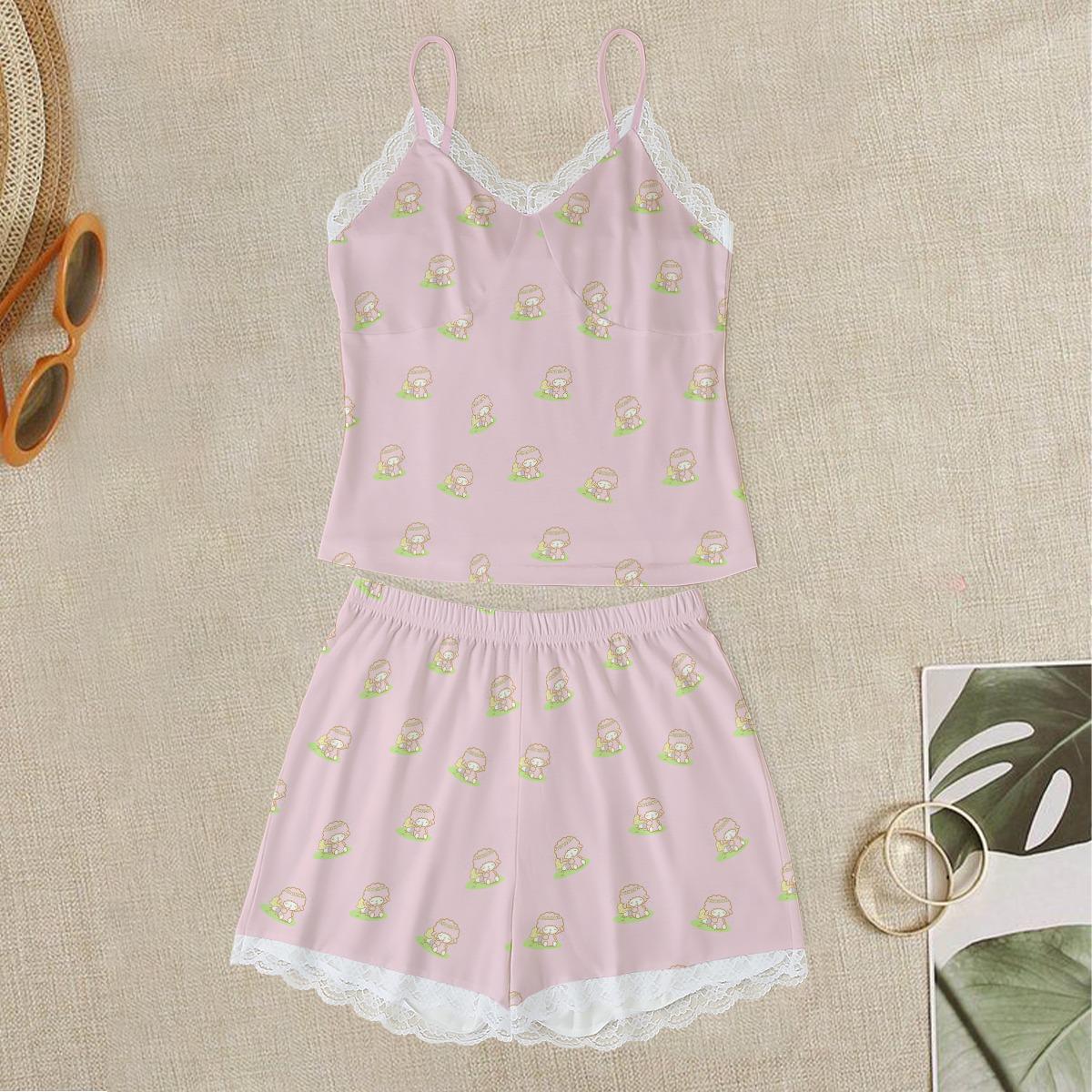 My Sweet Piano Pajama Set: Lace Cami & Shorts - Women's Summer Pjs