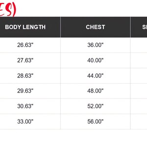 May include: A white chart with black text detailing clothing sizes in inches. The chart includes measurements for body length, chest, and sleeve length for sizes S, M, L, XL, 2XL, and 3XL. The text "SIZES (INCHES)" is at the top.