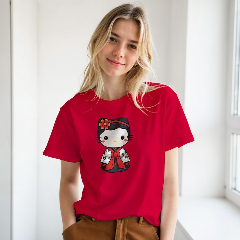 May include: A red t-shirt featuring a cartoon character in a kimono with a red bow and flower. The character has a black headpiece and a white face. The t-shirt is made of a soft material.