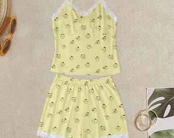 Pompompurin Pajamas Yellow Dog Women's Summer PJs With Lace Edge