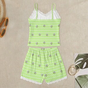 Kawaii Frog Pajama Set: Lime Green Lace Camisole & Shorts image 2