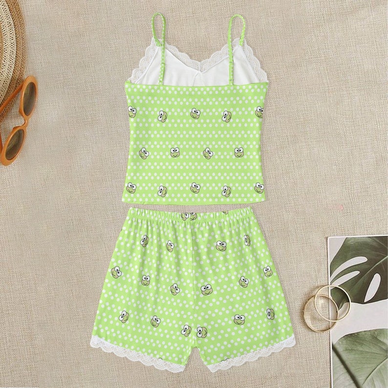 Kawaii Frog Pajama Set: Lime Green Lace Camisole & Shorts image 2