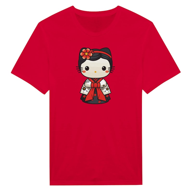 May include: A red t-shirt featuring a cartoon character in a traditional Japanese kimono. The character has a black bow, flower, and black hair. The kimono is black, white, and red. The t-shirt is a solid red color.