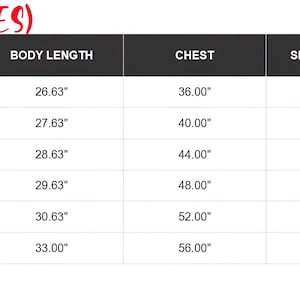 May include: A white chart with black text detailing clothing sizes in inches. The chart includes sizes S, M, L, XL, 2XL, and 3XL, with corresponding body length, chest, and sleeve length measurements.