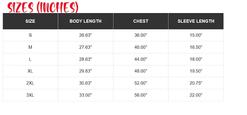 May include: A white chart with black text detailing clothing sizes in inches. The chart includes sizes S, M, L, XL, 2XL, and 3XL, with corresponding body length, chest, and sleeve length measurements.