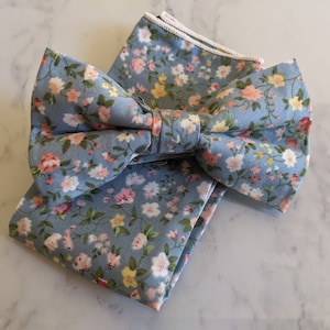 Light Blue Floral Bow Tie & Pocket Square