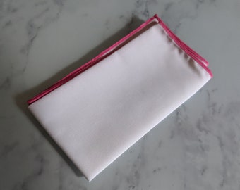 White Pocket Square with Pink Piping